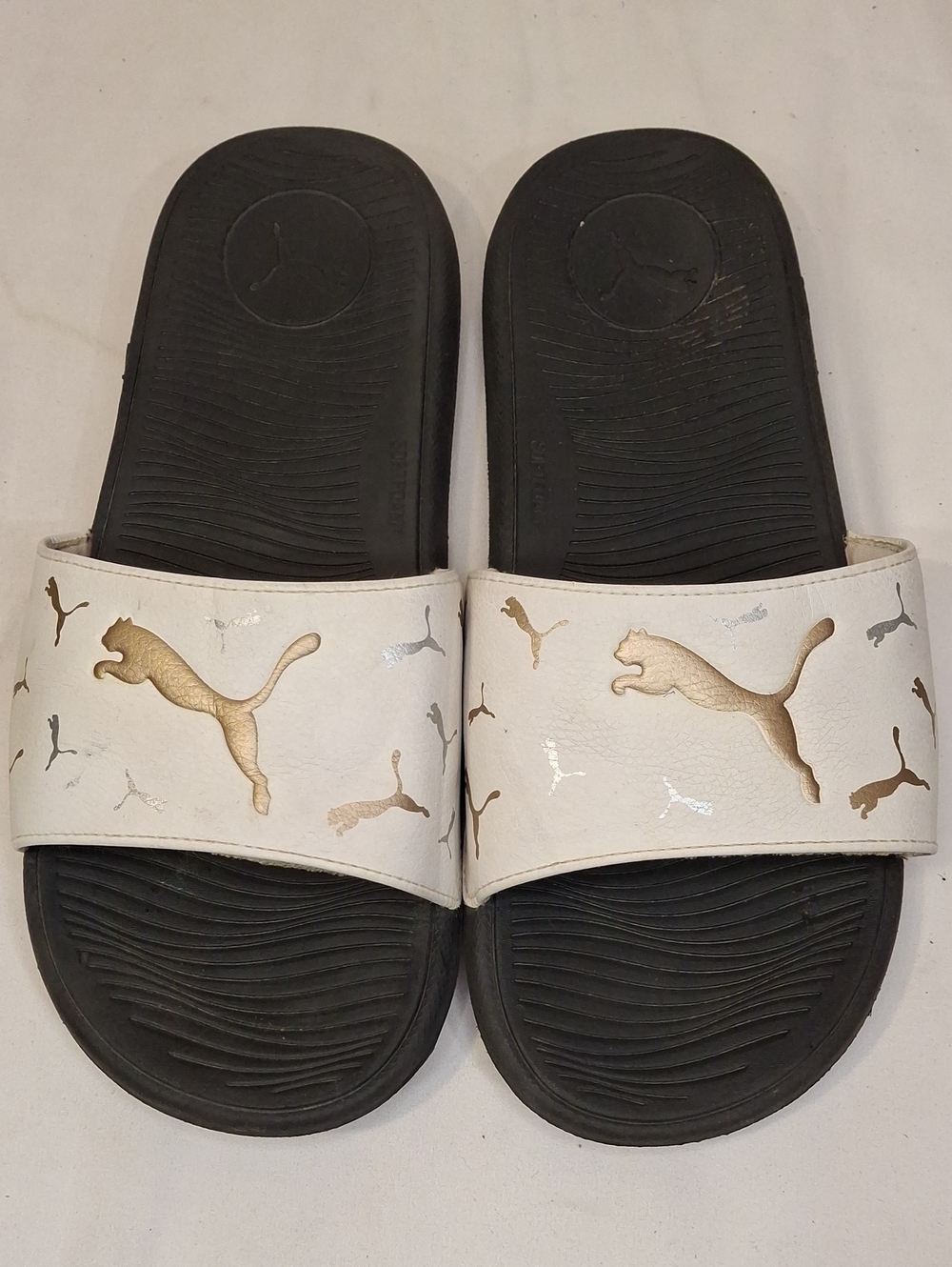 Puma Cool CatWomens White Slides with Gold & Silver Puma Logos and Black Footbed
